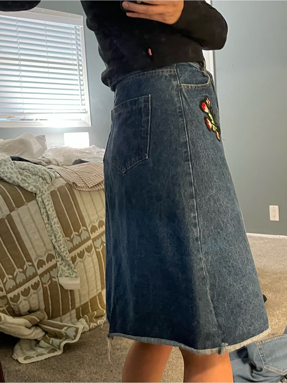 Denim A-Line Midi Skirt with Embroidered Detail
